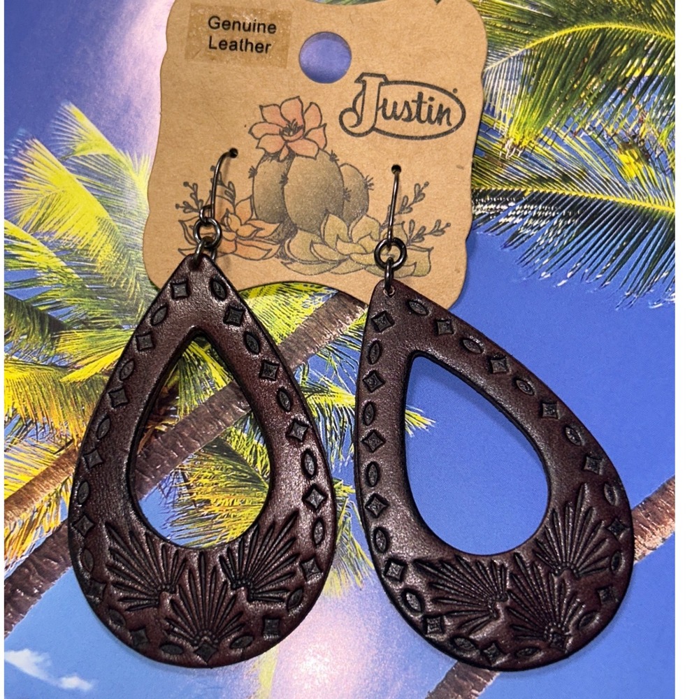 Justin Genuine Leather Teardrop Earrings Western Style Brown Dangle